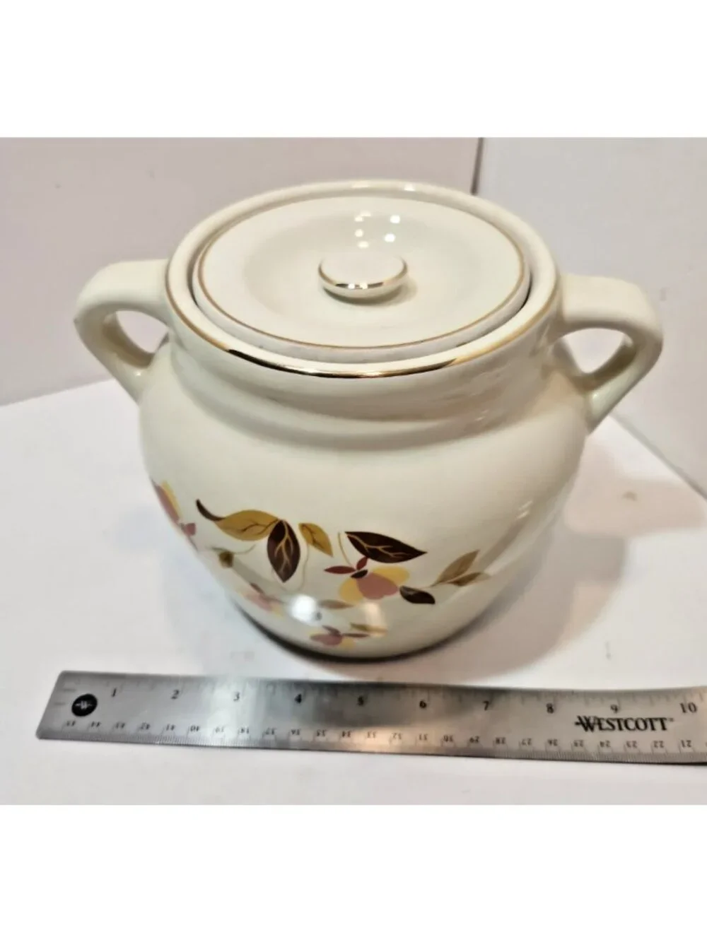 Vtg Hall Autumn Leaf 2 1/4 QT 2 Handled Bean Pot & Lid Mary Dunbar MCM Jewel